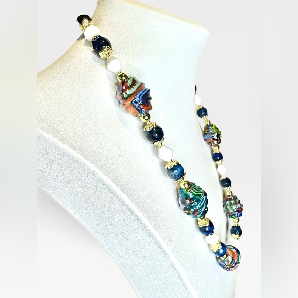 ARTISAN Murano Glass Millefiori, Blue Tiger’s Eye & Vintage Milkglass Necklace - Picture 7 of 16